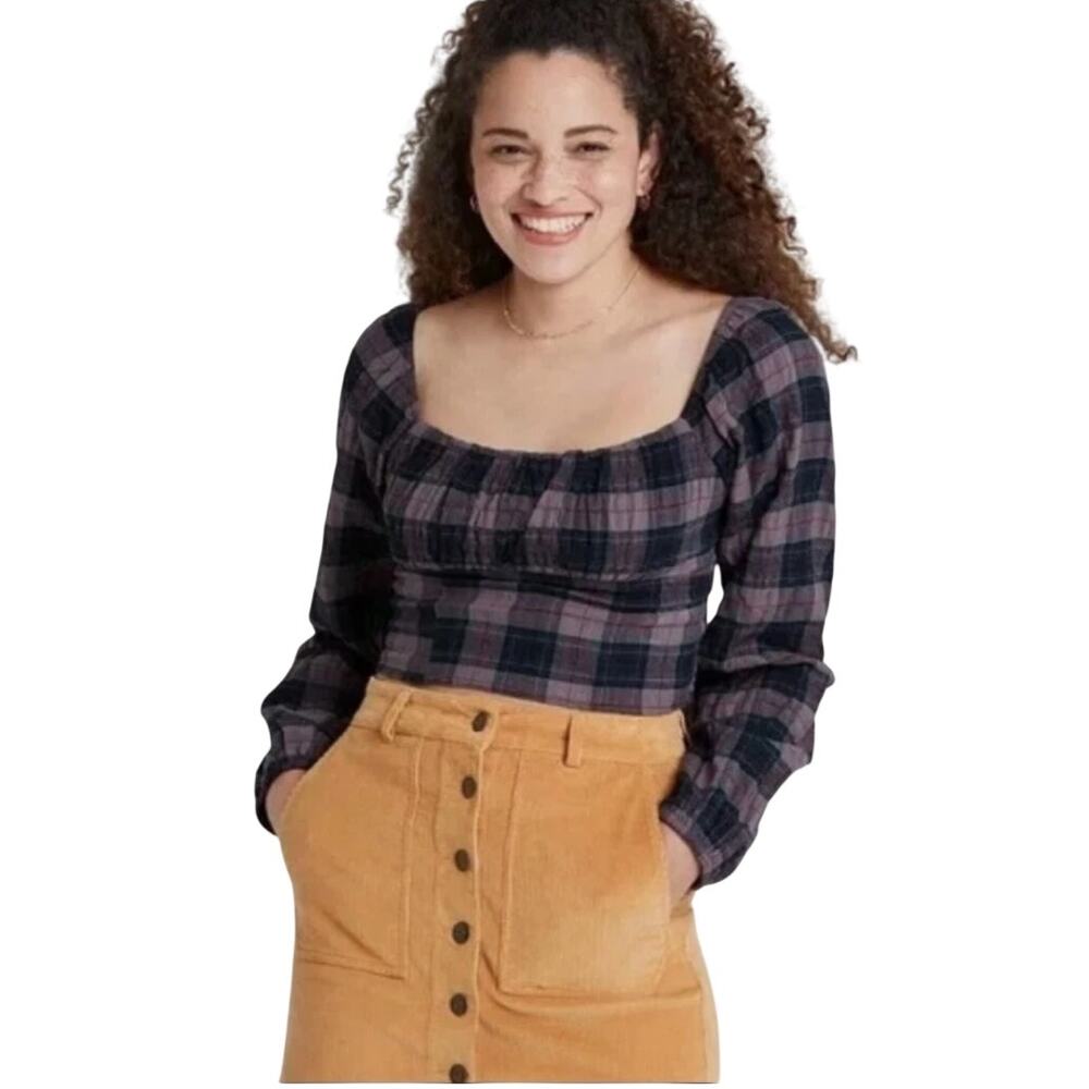 Wild Fable Puff Sleeve Bustier Crop Top Navy/Purple Plaid Size XS